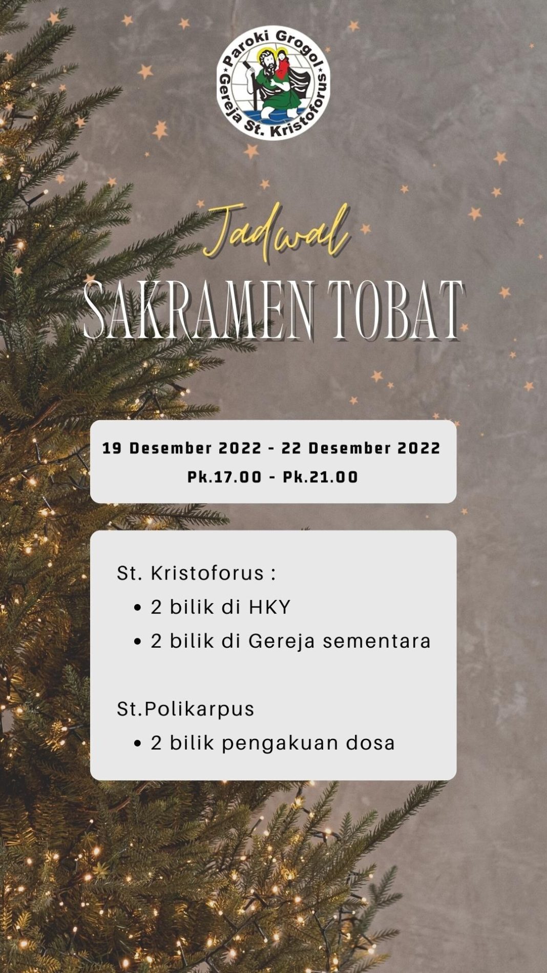 JADWAL PENGAKUAN DOSA DAN MISA NATAL 2022 – TAHUN BARU 2023 PAROKI DI ...