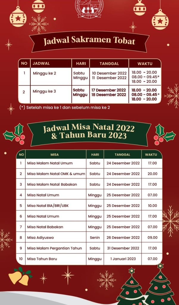 JADWAL PENGAKUAN DOSA DAN MISA NATAL 2022 – TAHUN BARU 2023 PAROKI DI ...